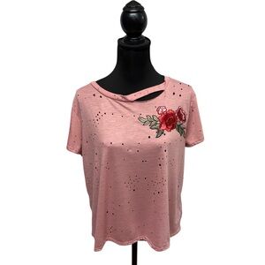 Urban Rebel Pink Short Sleeve Crop Tee with Destruction & Embroidered Roses